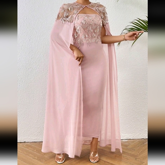 Elegant Two-Piece Set Women Glitter Decorated Shawl Dress 2 Piece Set - Picture 4 of 5